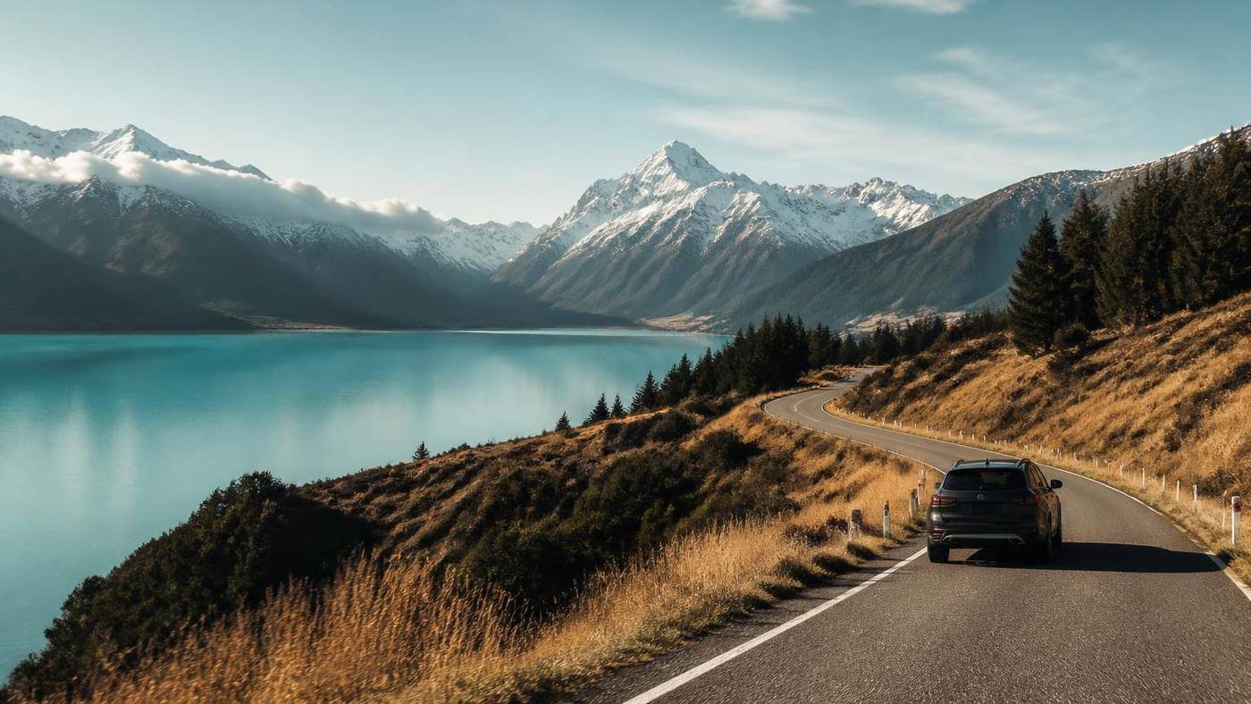 湖畔山路上的自驾汽车
